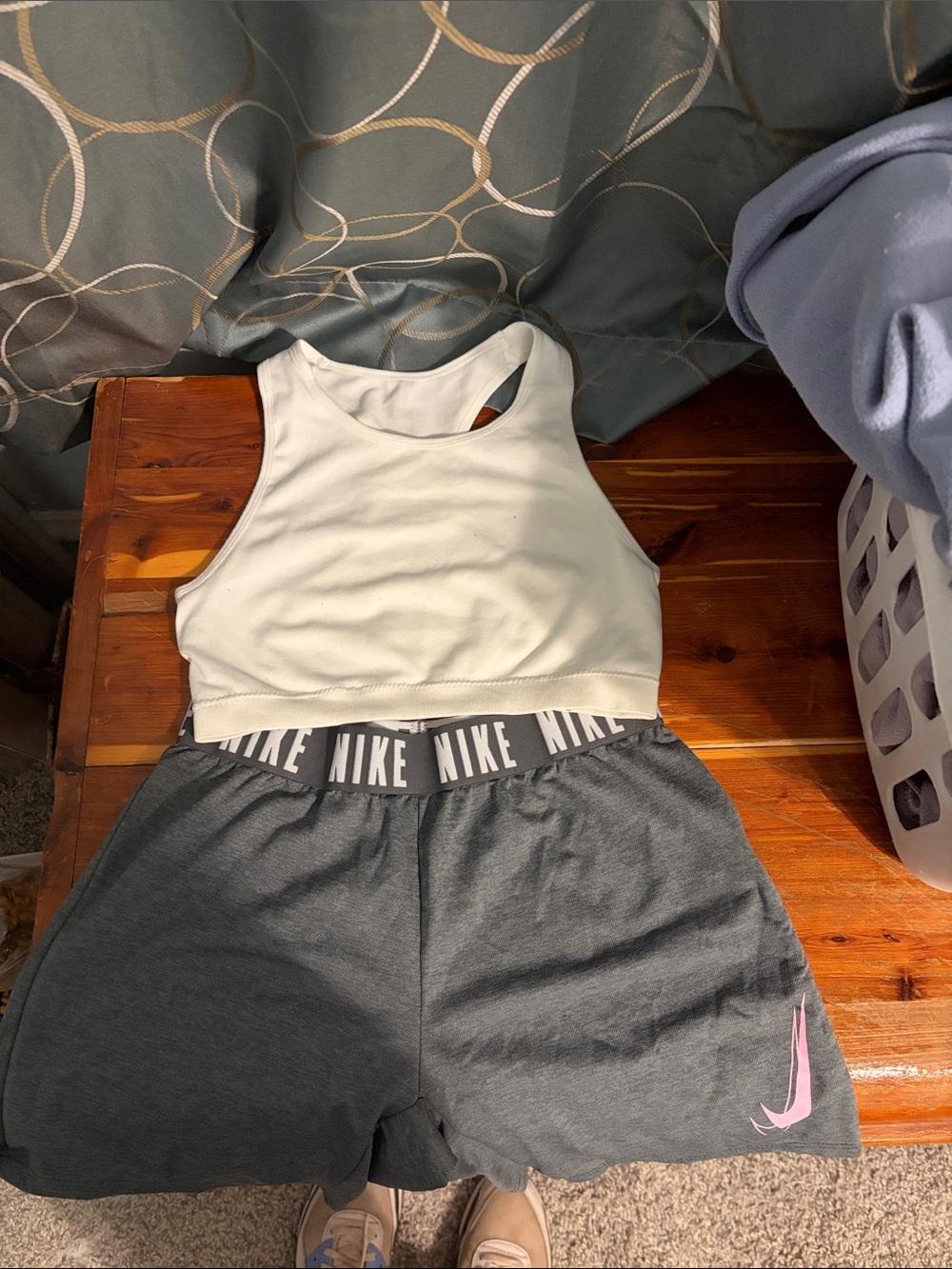 Nike White Cropped Racerback Tank with Gray Shorts